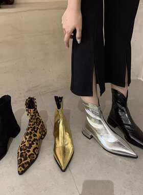 短靴女粗跟尖头弹力靴百搭新款