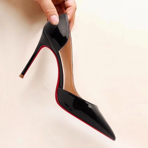 单鞋细跟尖头浅口侧空高跟鞋