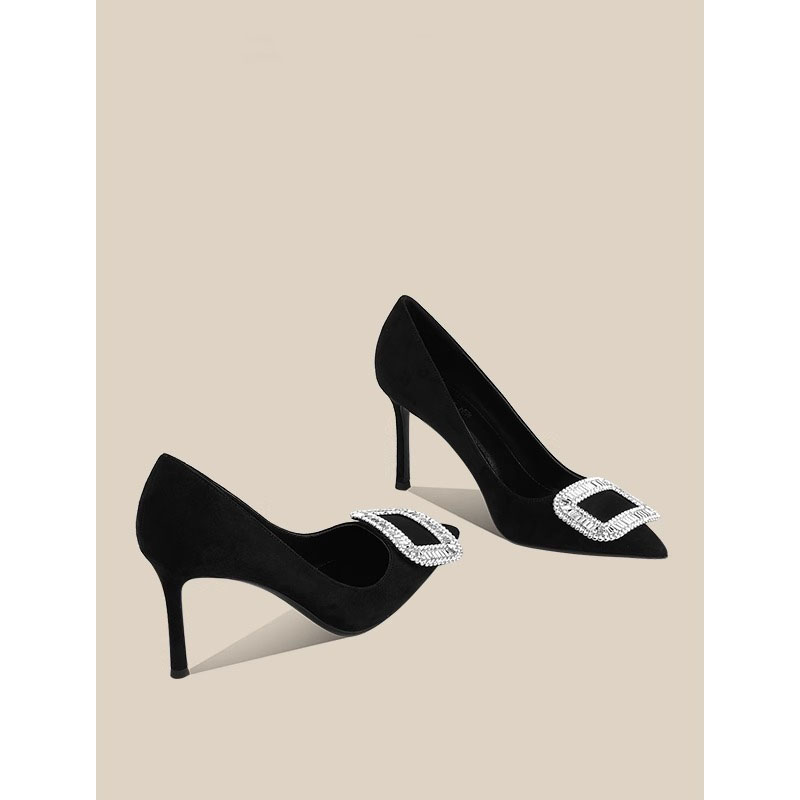 单鞋细跟尖头方扣水钻高跟鞋新款