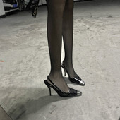 2025年新款 黑色漆皮高跟鞋 包头凉鞋 女细跟金属方头rose朴彩英同款