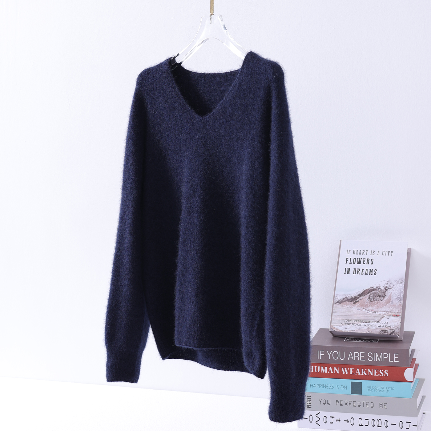 无缝一体拉绒羊绒羊毛衫V领