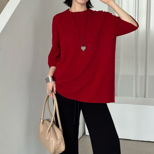 宽松圆领休闲半袖 女中长款 针织毛衣 红色短袖 软糯亲肤羊绒羊毛衫