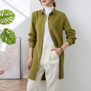 宽松衬衣 女加厚外套秋冬季 免烫抗皱长款 遮屁股绿色灯芯绒磨毛衬衫