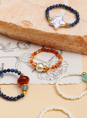 淡水珍珠串珠戒指合集 小众复古捷克珠ins个性食指戒甜酷闺蜜礼物