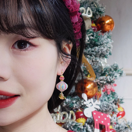 原创彩色新年琉璃灯笼小众可爱耳钉手工条纹珠复古感耳夹不撞耳女