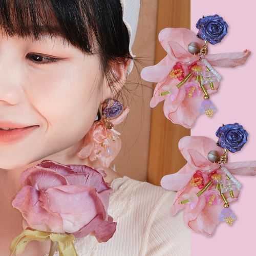 蓝玫瑰真花手工流苏串珠耳钉