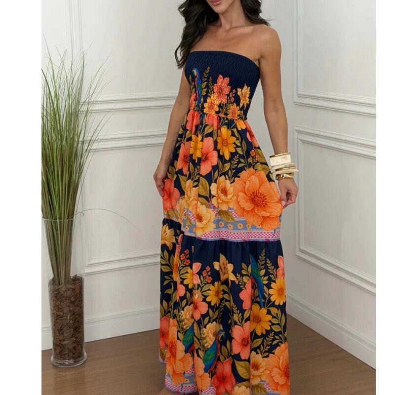 欧美新款女式夏季印花无肩带抹胸露肩波西米亚风海滩长连衣裙