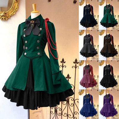 欧美女装文艺复古蝴蝶结长袖荷叶边cosplay连衣裙节日礼服表演服