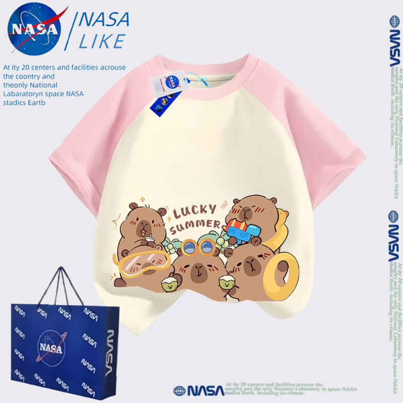 NASA儿童纯棉短袖卡皮巴拉t恤夏装2025新款中大童女童打底衫上衣
