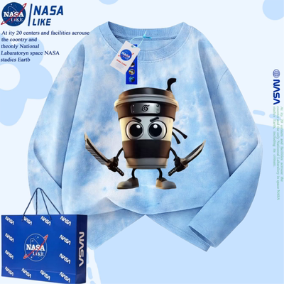 NASA山海经咖啡忍者纯棉长袖T恤女童时尚洋气扎染打底衫上衣服潮