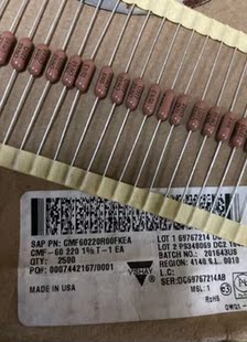 100只=75元 VISHAY 达尼金属膜电阻器0.5W 220R/欧 CMF60 1% 1/2W