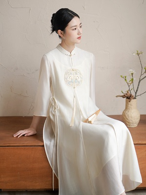 中国风女装禅意茶服2023春秋季新款刺绣新中式仙气飘逸旗袍连衣裙