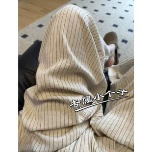 日系150cm九分小个子亚麻条纹直筒裤女夏季高腰垂感慵懒风阔腿裤8