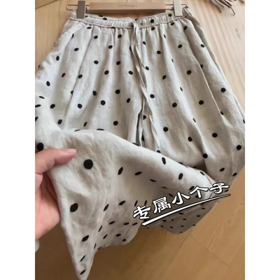 小个子波点棉麻休闲阔腿裤女