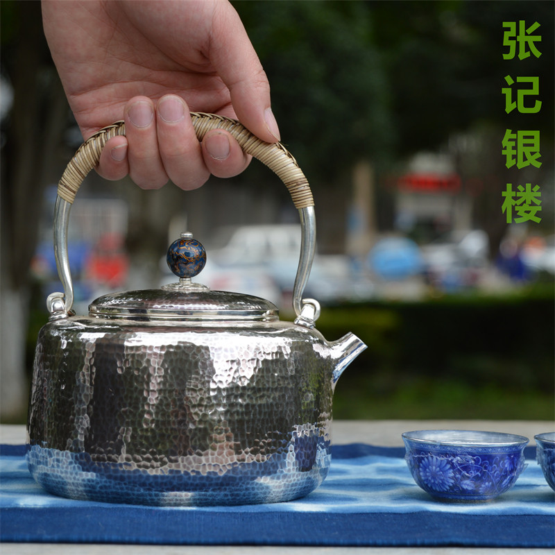 省非遗纯银999纯手工一张打银壶锤纹錾刻茶壶泡茶壶家用纯银茶具