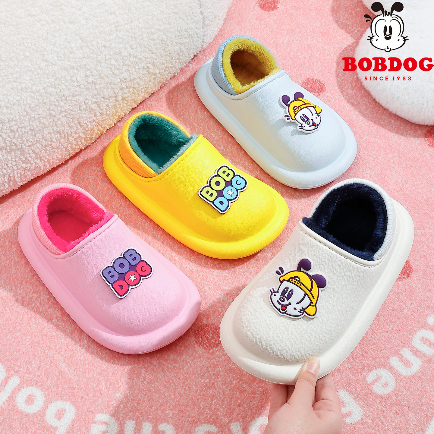 巴布豆防水儿童棉拖鞋包跟女童冬季防滑婴儿卡通可爱宝宝棉鞋男孩