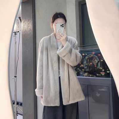 天鹅绒级别挽袖仿貂皮大衣中长款