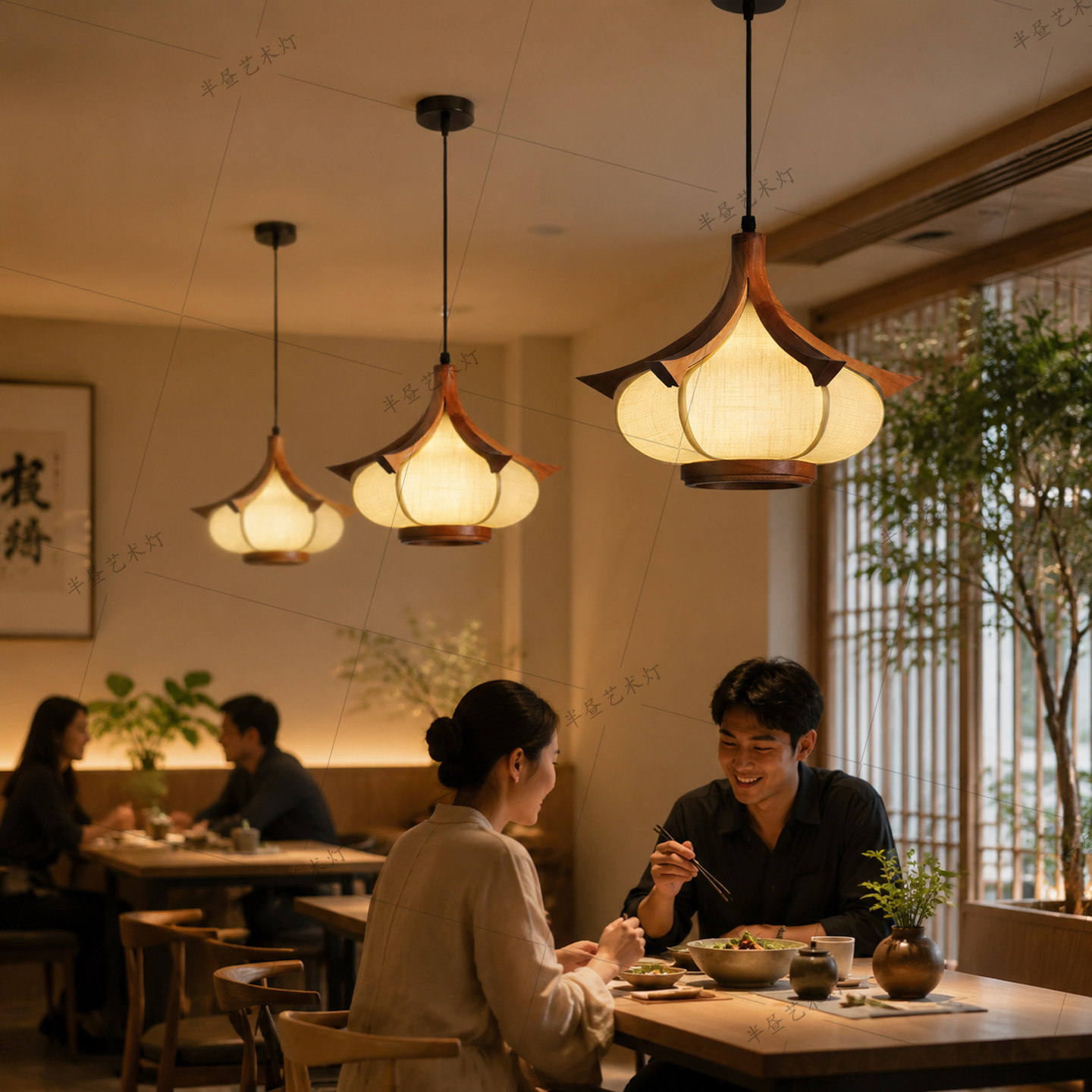 宋式美学中古风实木灯具茶室创意设计师过道玄关商用艺术布艺吊灯