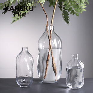 Kaheku侘寂风锤纹自然形态透明玻璃花瓶马醉木小口客厅落地大花器