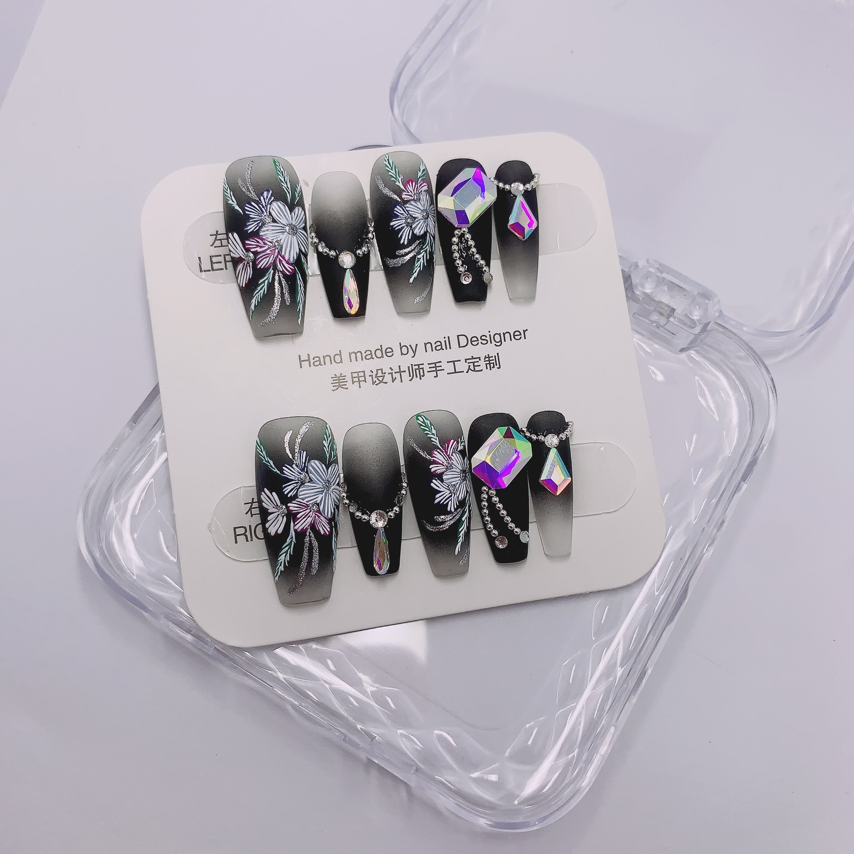 浅浅时光显白中式美学纯手绘彩色刺绣花朵渐变黑色穿戴甲