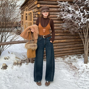 深蓝色复古阔腿牛仔裤女冬季加绒加厚保暖宽松大码胖mm显瘦直筒裤