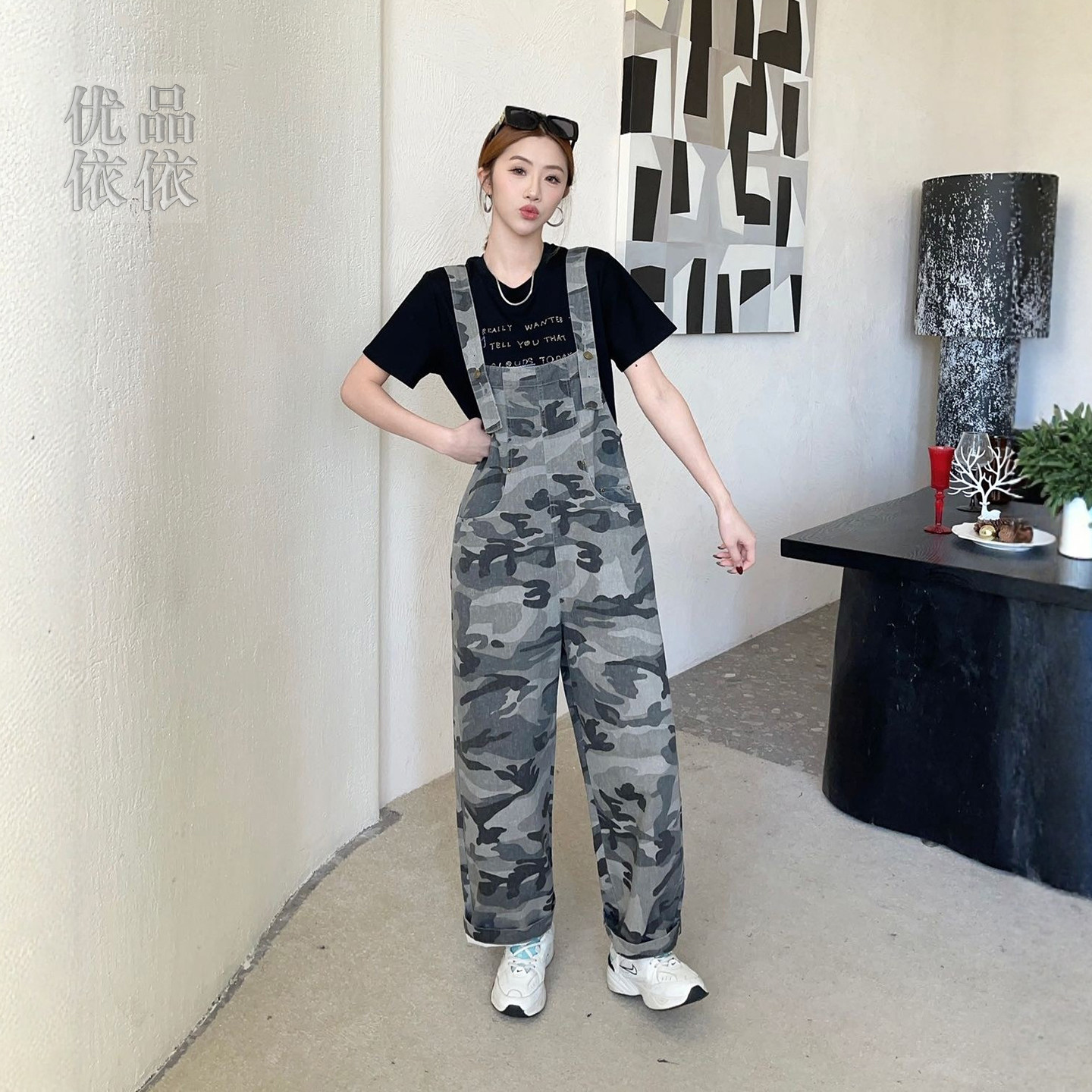 美式复古迷彩背带裤女春季新款韩版宽松减龄显瘦直筒休闲阔腿裤子