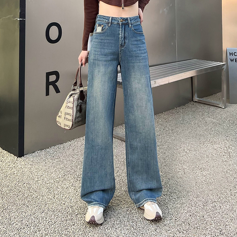 复古阔腿直筒牛仔裤女2026年春季新款宽松大码高腰显瘦窄版拖地裤