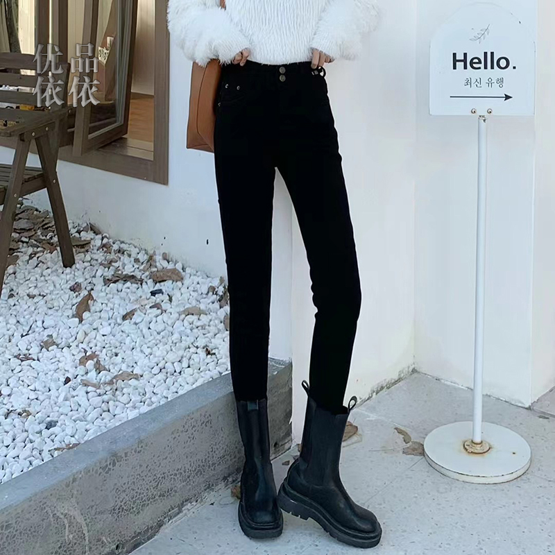 弹力高腰小脚牛仔裤女冬加绒加厚黑色小个子紧身靴子显高铅笔裤子