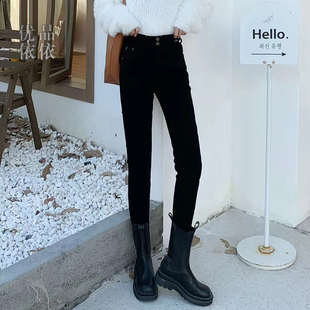 弹力高腰小脚牛仔裤女冬加绒加厚黑色小个子紧身靴子显高铅笔裤子