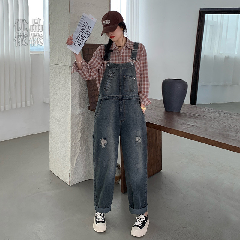 复古减龄牛仔背带裤女2026春季新款宽松大码设计感休闲工装连体裤