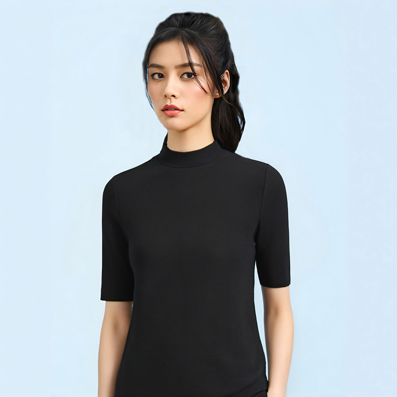高弹力纯棉T恤女春夏季短袖不透内搭半高领t恤修身显瘦黑色打底衫