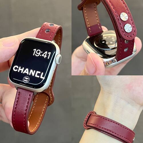 安可拉红适用小米手环9Pro表带双钉扣miband8Pro皮质4腕带红米6/5