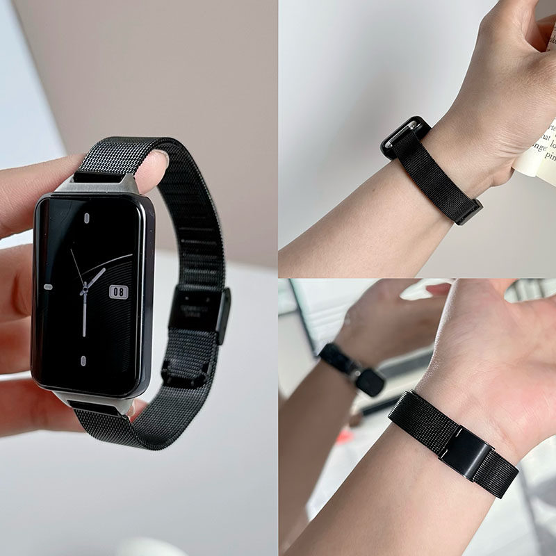 适用华为手环10/9/8/7/6金属表带nfc腕带卡扣网带替换表带透气细