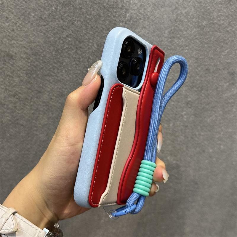 适用于17款Apple iPhone 15手机壳，16条手环，配有羊皮纹理卡夹，iPhone 15 Pro Max对比色手绳，14 Pro高级质感，网红13，适合男女使用，大孔14 PM小众