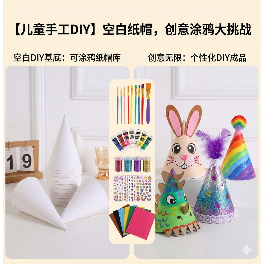 diy生日帽手工圆锥纯色儿童纸帽幼儿园空白色涂鸦卡纸帽子素胚
