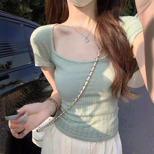 上衣 别致绝美夏季 方领高级感纯欲漂亮针织短袖 t恤女短款 甜辣小衫