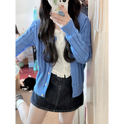 克莱因蓝刺绣麻花毛衣短外套女秋