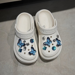 【蓝色蝴蝶】亮闪水钻洞洞鞋鞋扣复古鞋花装饰适配卡骆驰crocs