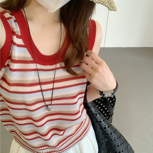 小众别致小个子上衣 薄款 韩系红色条纹无袖 针织吊带背心女2025夏季