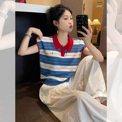 夏日ootd穿搭Polo领条纹无袖T恤2025新款独特漂亮设计感减龄女装