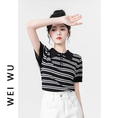 黑色翻领条纹针织短袖T恤女夏季2025新款宽松撞色正肩polo衫上衣