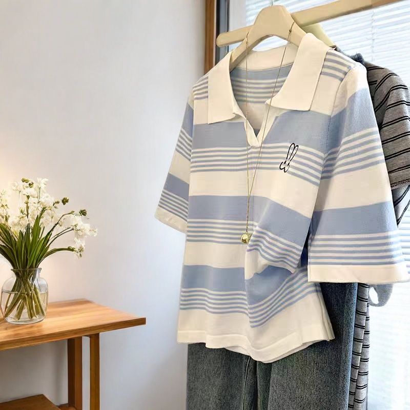 复古条纹polo领针织衫超好看短袖T恤女夏季薄款兔子刺绣别致上衣