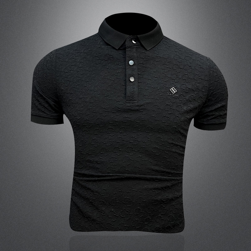 2026新款夏季丝光棉提花男士POLO翻领T恤6282P53黑3D图，男装T恤，电商A315