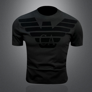 2026新款 夏季 男士丝光棉（毛衣领）植绒T恤 XB927 P75黑 3D图，男装T恤，电商A315