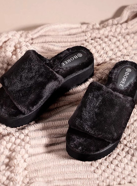 宝人毛绒拖女士秋冬外穿拖鞋黑色5厘米增高松糕底厚底保暖一字拖