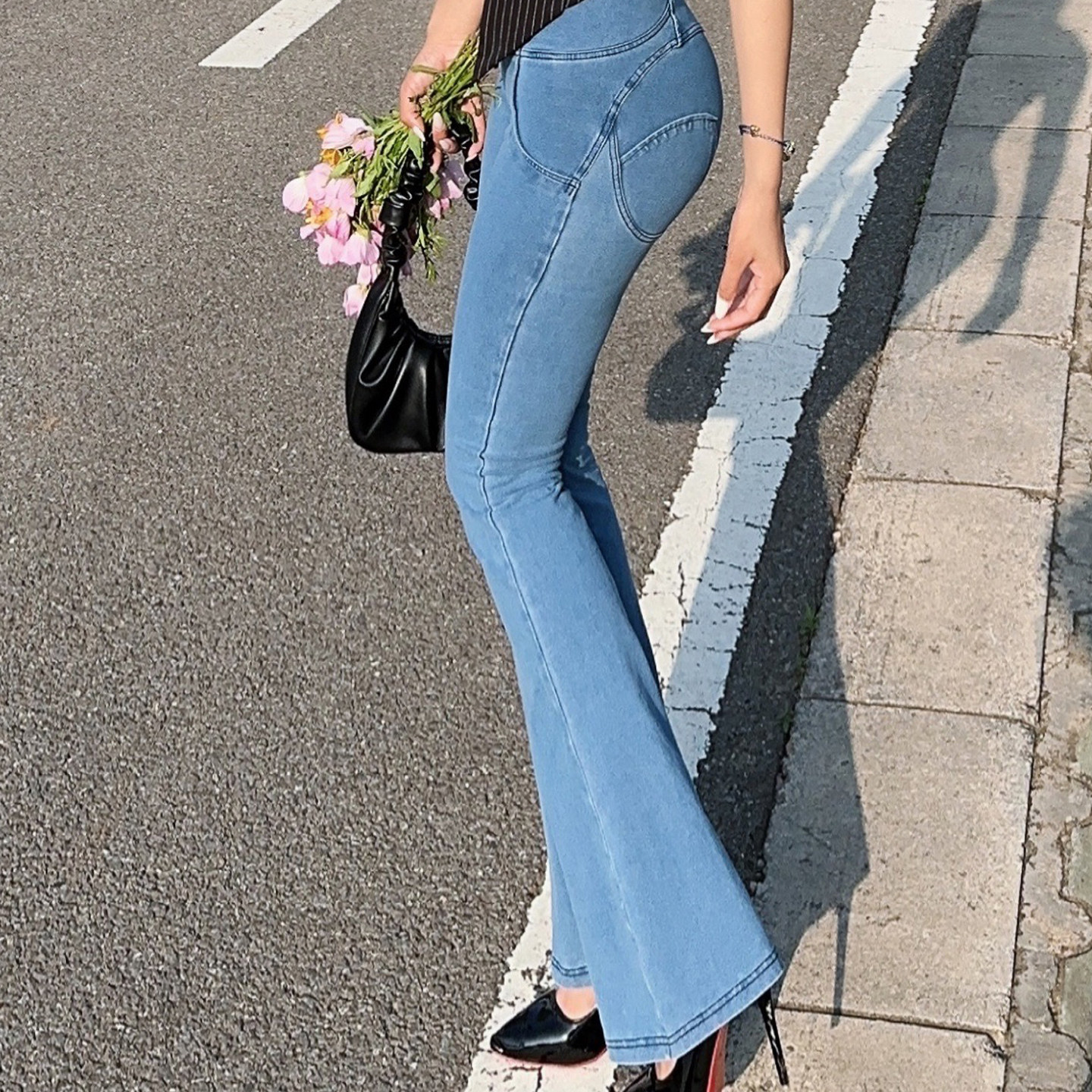 意大利FR蜜桃臀微喇叭牛仔裤性感高腰提臀拖地瑜伽运动阔腿长裤