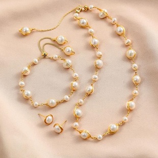 巴洛克淡水珍珠项链女手链耳环 复古高级感锁骨链 潮三件套装 新款
