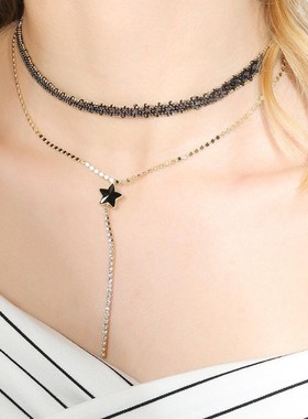 戴拉时尚黑色蕾丝双层流苏项链