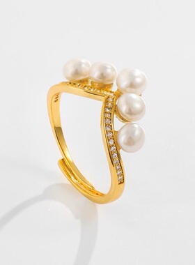 戴拉皇冠造型淡水珍珠开口戒指
