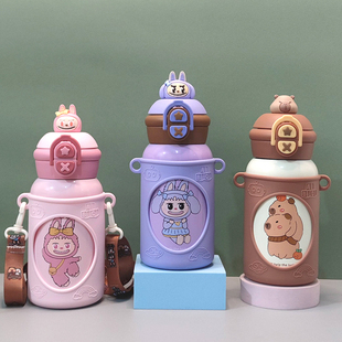 新款拉布布公仔儿童保温杯俩用不锈钢双饮学生水壶上学水杯吸管杯